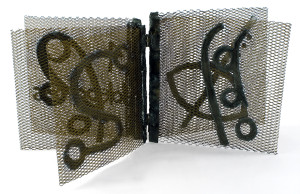 Ideogram Book 2, 24 inches x 36 inches x 24 inches, steel, 2007 ||| Ideograms are a symbolic writing system. The ideograms here are used by the Dogon people of Mali as part of ceremonies and divination.